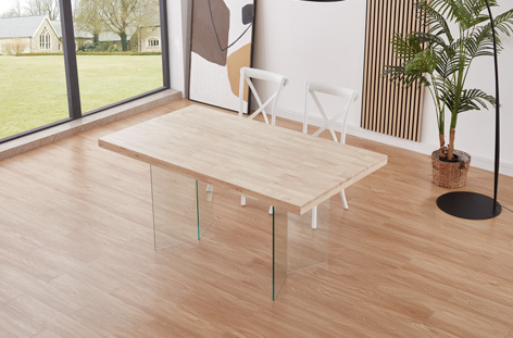 MESA COMEDOR RUTH CRISTAL TRANSPARENTE ROBLE Y BLANCO ROTO 170X90 CM